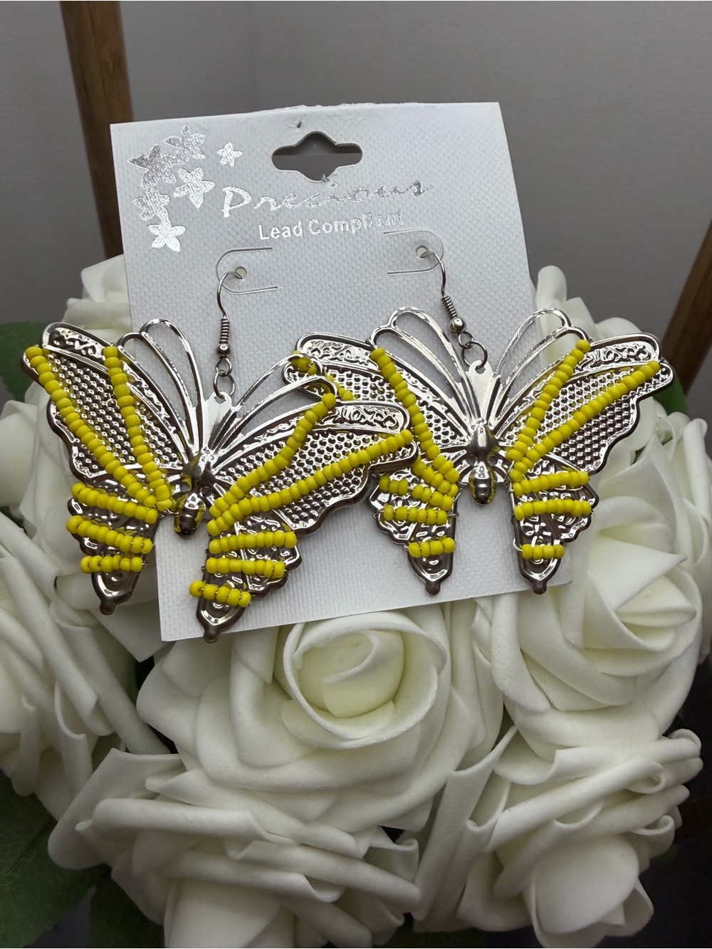 Yellow Beaded Butterfly Earrings
